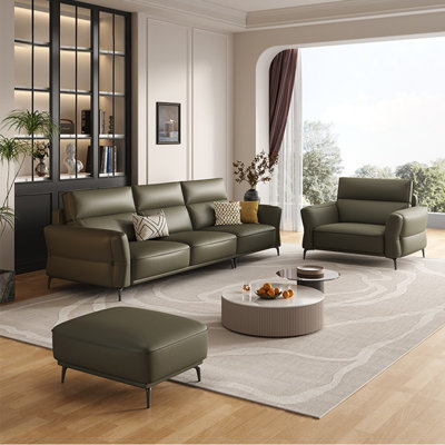 Ensemble de salon en cuir véritable vert foncé 3 pièces