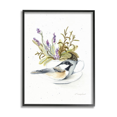 Oiseau et tasse à thé florale encadrée sur bois, impression
