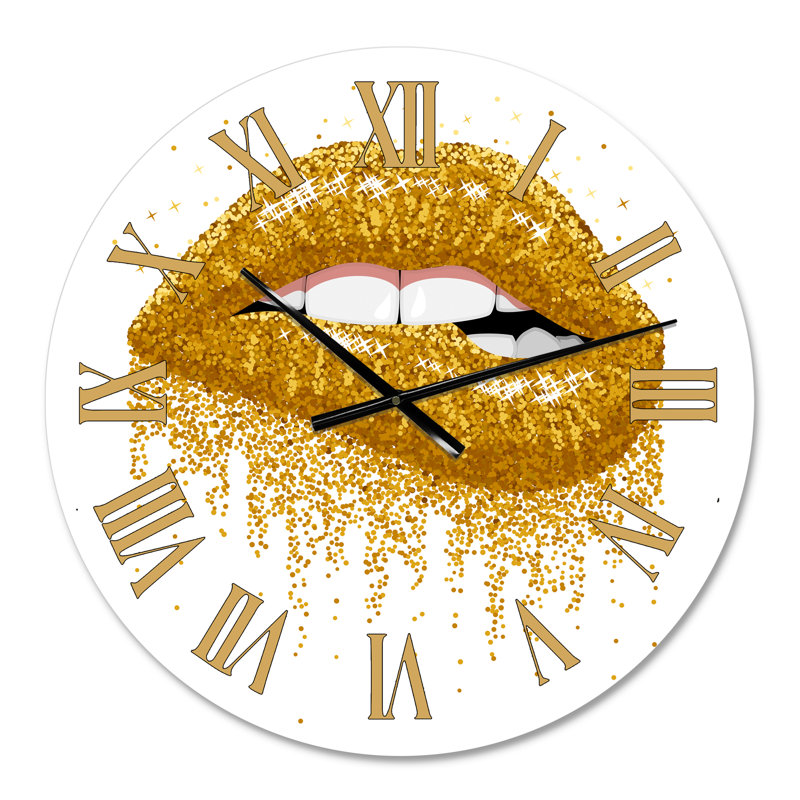 «Woman Lips With Glitter Gold Sparkles» - horloge murale moderne, Petit