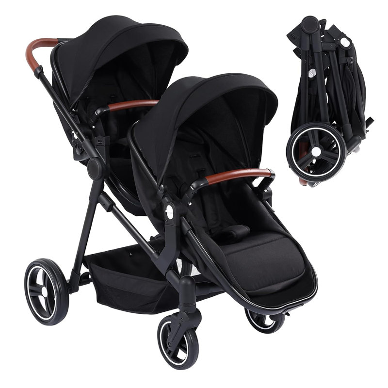 Tandem Double Stroller Newborn and Toddler, Foldable Twin Stroller with Reversible Seat, 5-Point Safety Harness, Adjustable Backrest & Canopy, Storage Basket
