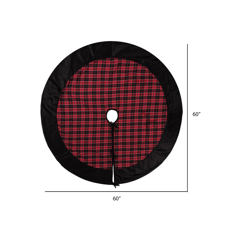 60" Red and Black Plaid Christmas Tree Skirt with Velvet Border