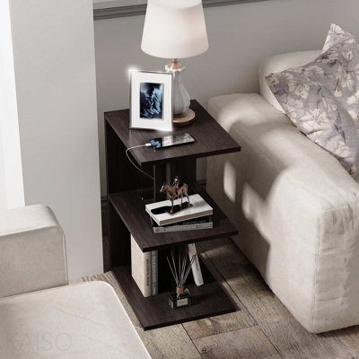 3 Tier Narrow Nightstand, Side Table With Charging Station, End Table With Wheels For Small Spaces,Living Room,Bedroom,Brown