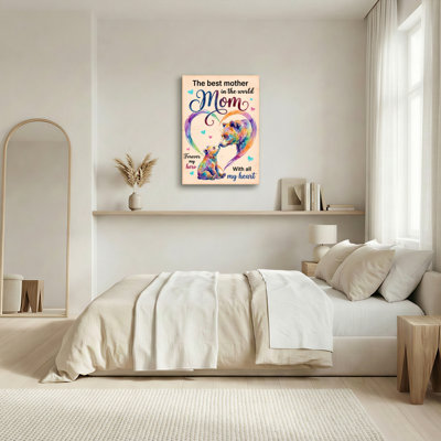 Tableau mural en toile tendue représentant une mère ours et son petit, avec une citation inspirante pour la fête des Mères ou la décoration intérieure.