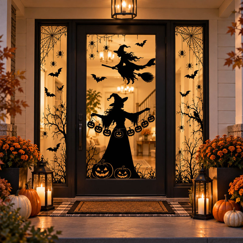 5 feuilles d'autocollants pour fenêtre d'Halloween de 12,6 po x 35,4 po avec silhouettes recto-verso