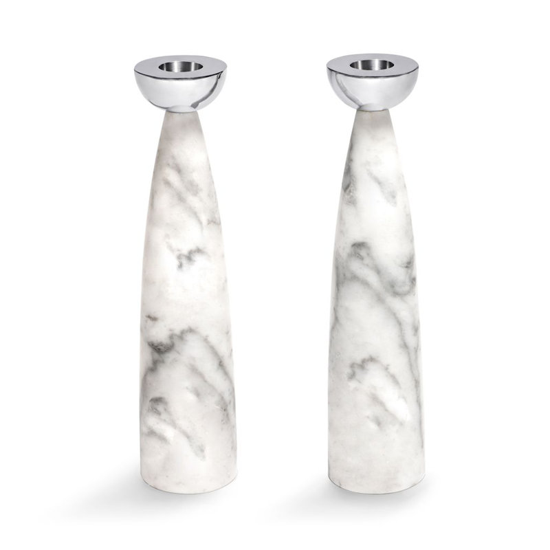 Ensemble de chandelles de table en marbre 2 pièces Coluna, Marbre de Carrare / argent