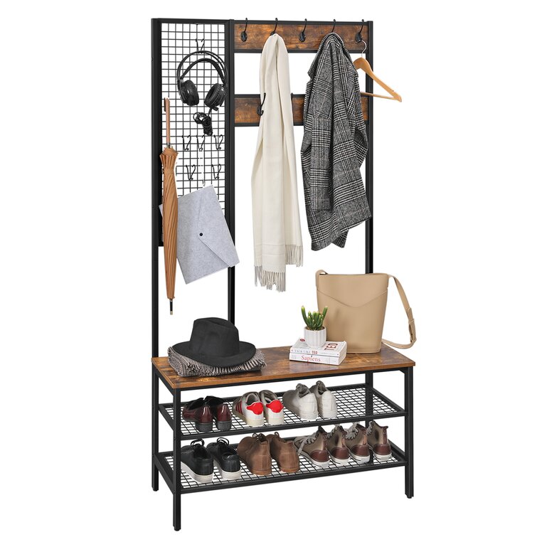 Entryway Hall Tree with Shoe Bench, 4-in-1 Large Coat Rack with Grid P