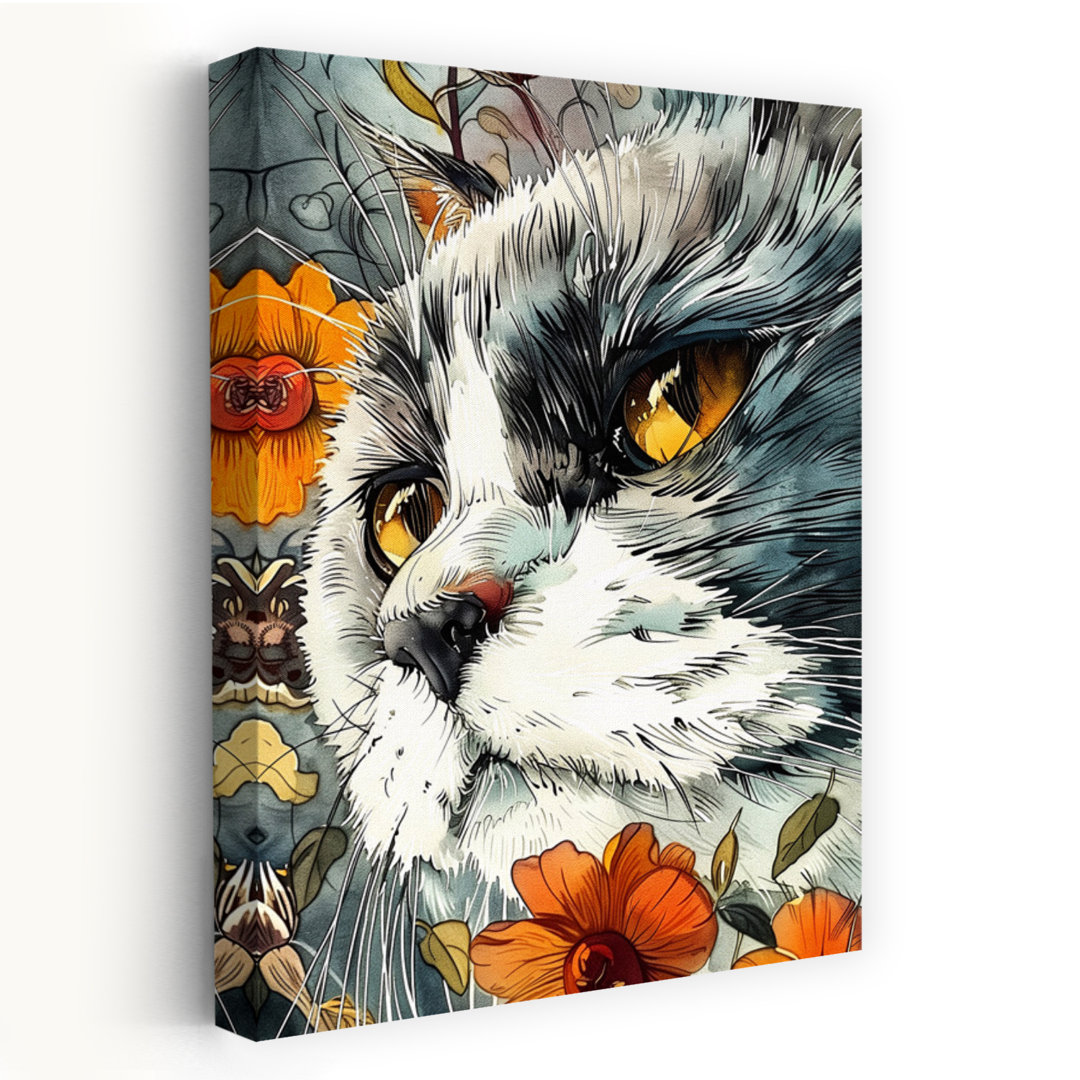 Feline Floral Gaze Contemporary Cat Flower Wall Art Print