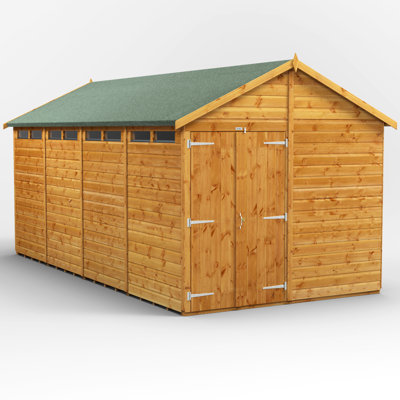 Powersheds 16 x 8ft Timber Tongue & Groove Security Apex Garden Shed, Double Doors