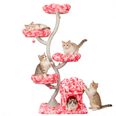 4-Layer Cat Tree Tower with Cat Bed & Hideout, Multicolor Flower Cat Tree with Scratching Post, Removable and Washable Covers
