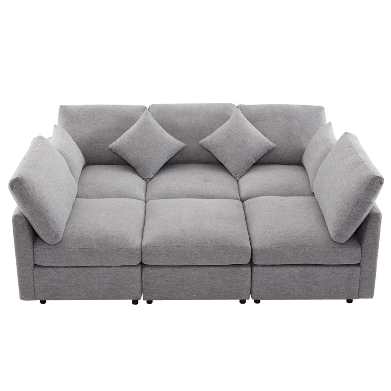 Canapé-lit modulaire rembourré 6 pièces Virelle, Chenille gris pâle