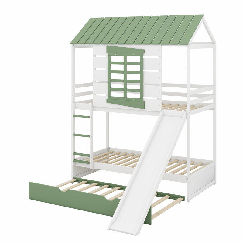 Lit superposé House avec glissade convertible et lit gigogne, White/Light Brown