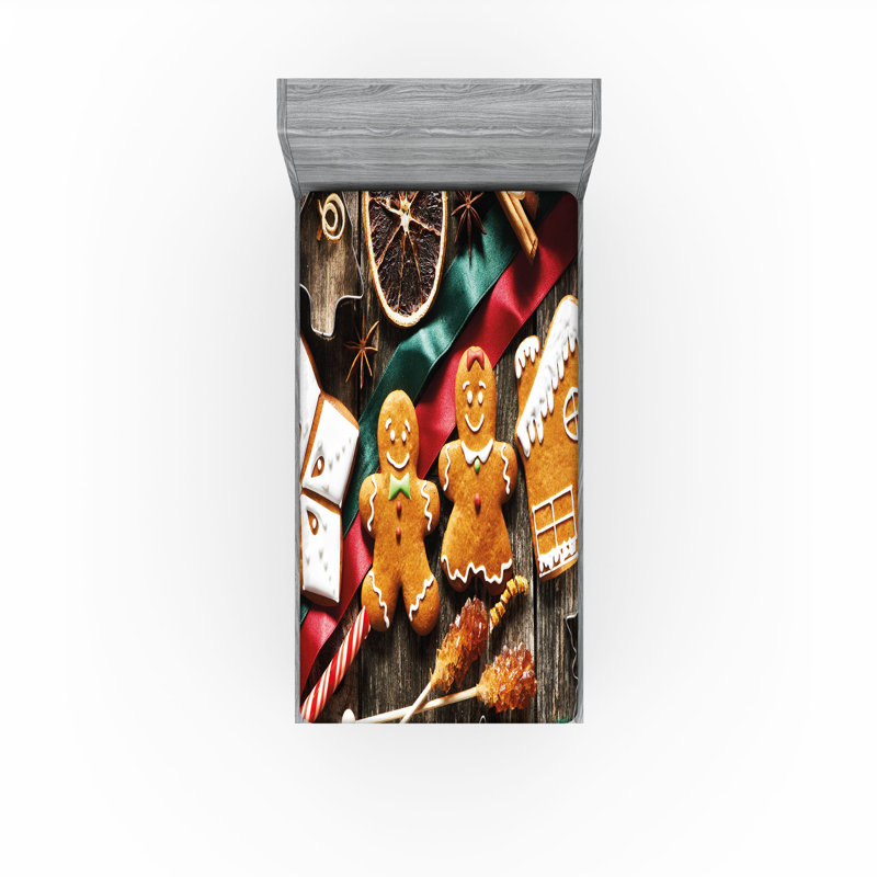 Ambesonne Gingerbread Man Fitted Sheet 2-Pack Biscuits Rustic Multicolor, Twin Extra Long Fitted Sheet