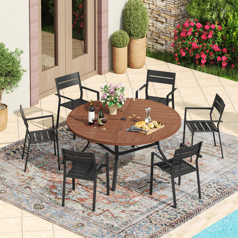 6-Person Patio Dining Set with 50“ Round Metal Dining Table and 6 Stackable Armrest Chairs, Brush Wood Brown/Black