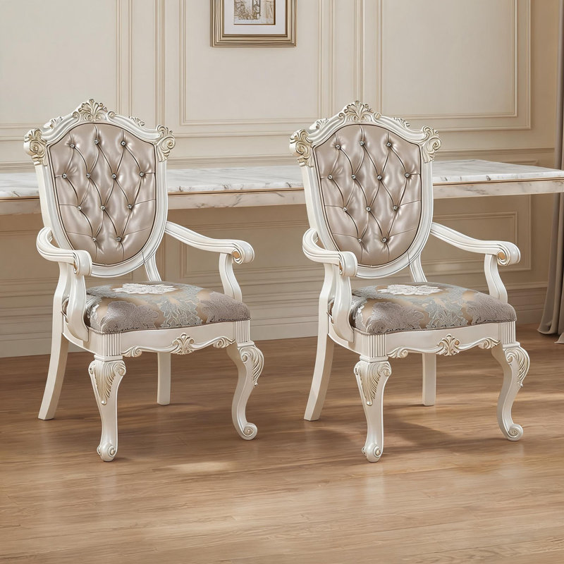 Ensemble de 2 fauteuils d'appoint capitonnés, structure en bois massif recouvert de tissu, beige chaud