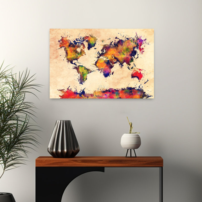 «Vibrant World Map», art mural moderne contemporain abstrait, H 16 po x l 24 po