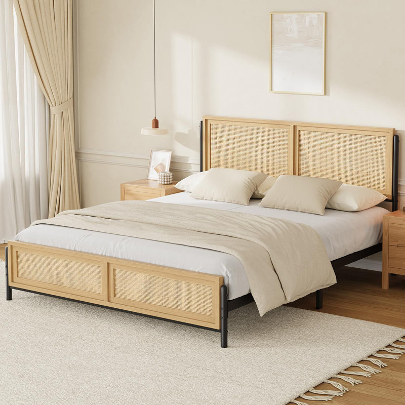 Boho Bed Frame With Natural Rattan Headboard And Footboard, Full