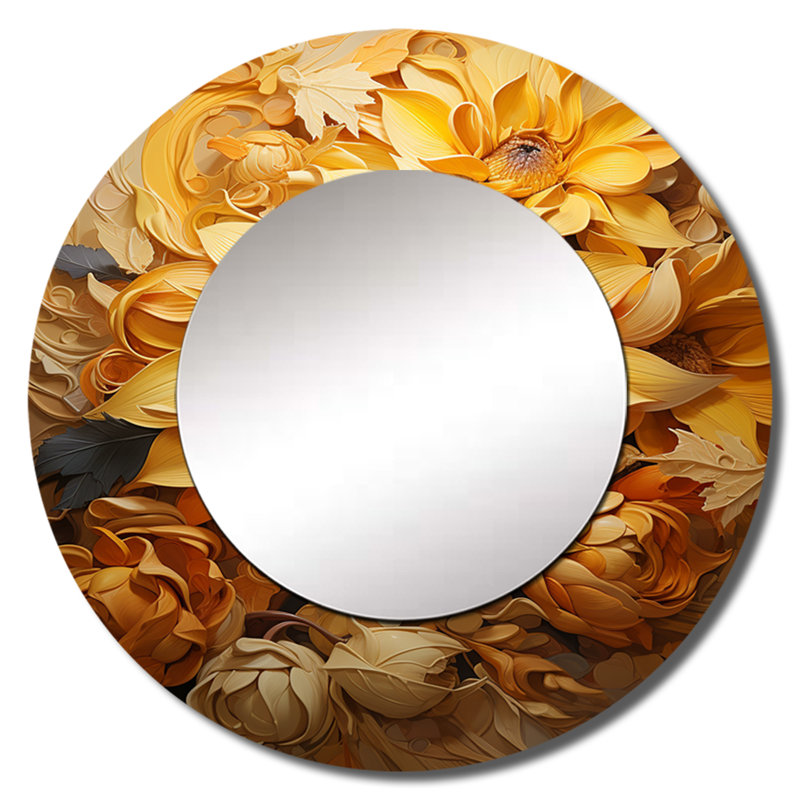 Scherle Radiant Reverie Botanical II - Botanicals Decorative Mirror, Yellow Round Wall Mirror, Printed Metal Art, 23" x 23"