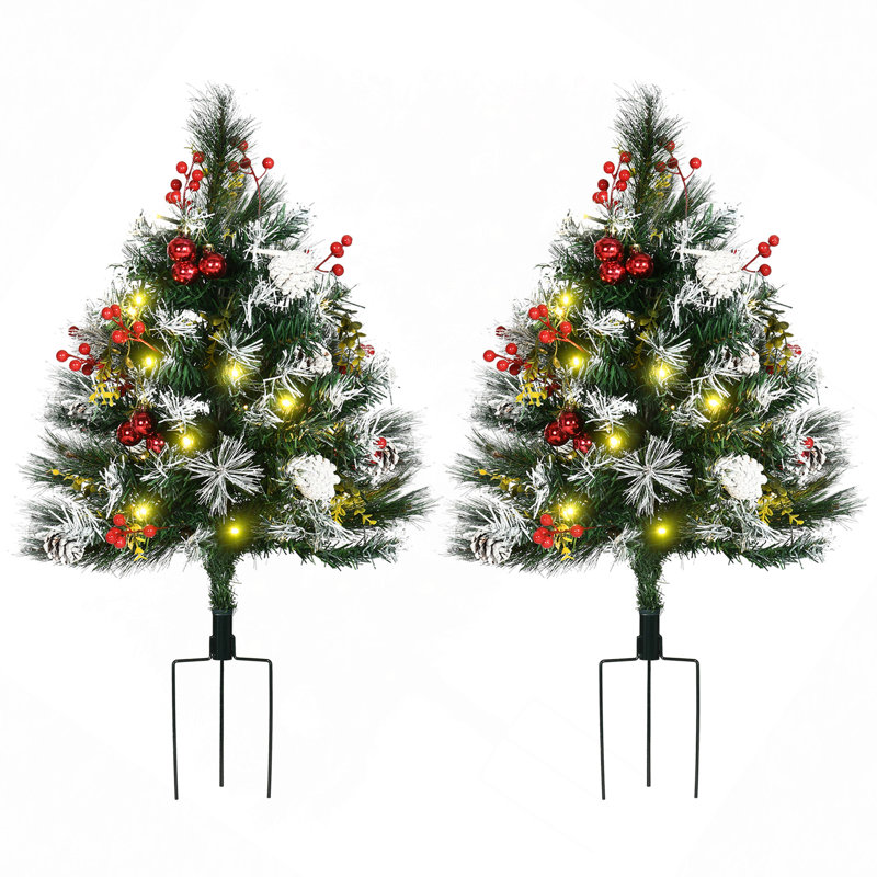 Arbre de Noël pour entrée extérieur 2,5 pi / 30 po 2,5 po sans cordon avec 70 branches, lumières DEL, baies rouges, pommes de pin, boules