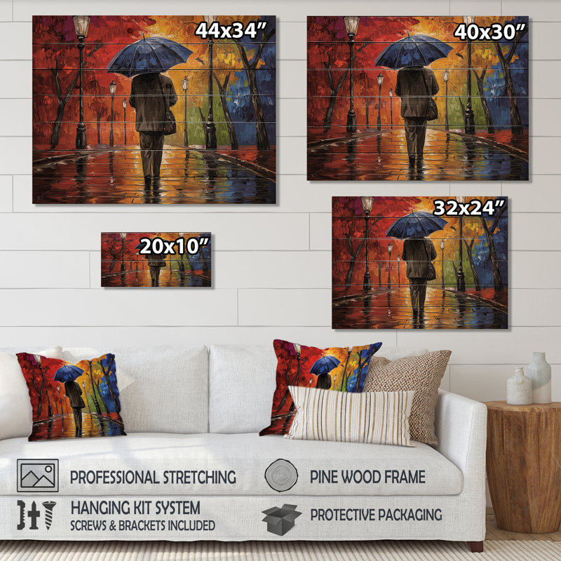 Homme marchant sous la pluie à Paris - Paysage, art mural en bois sur bois de pin naturel, H 24 po x l 32 po