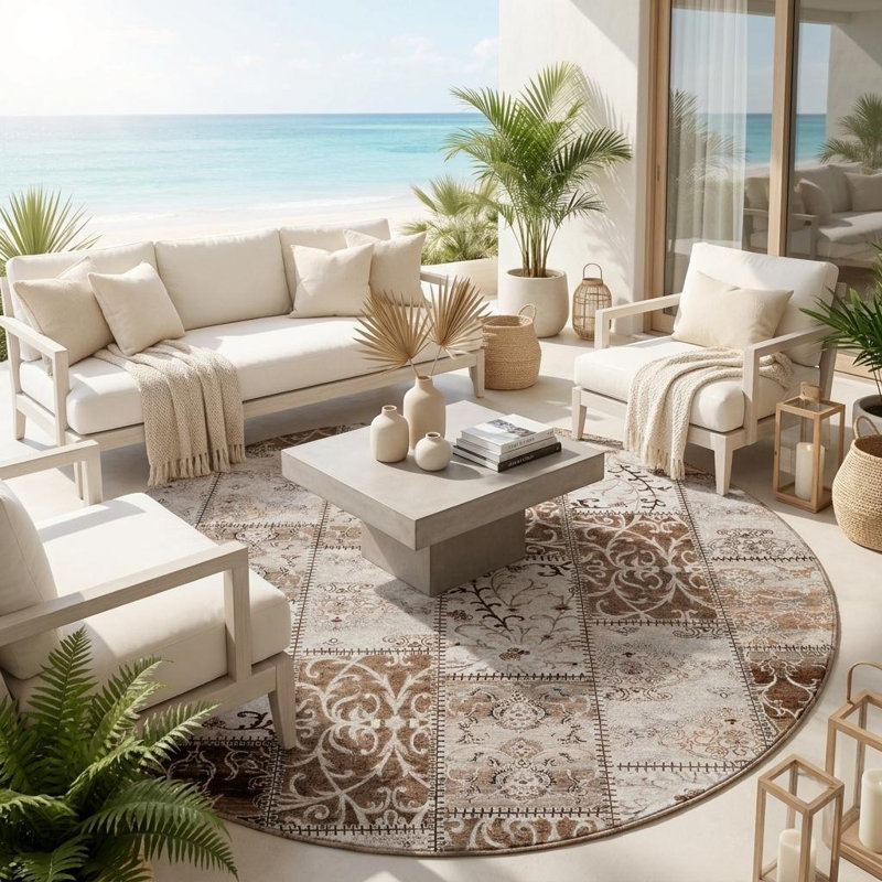 Tapis intérieur antidérapant rond 8 pi taupe et ivoire