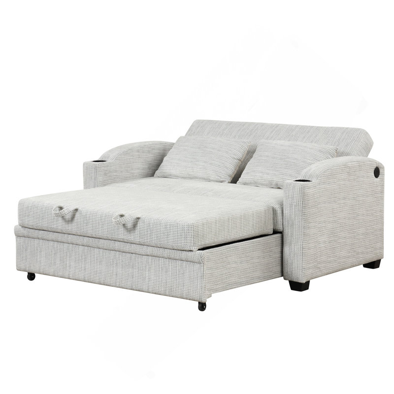 Canapé-lit convertible en chenille de 61,6 po avec dossier ajustable, 2 coussins, porte-gobelets, ports USB pour le salon et un appartement