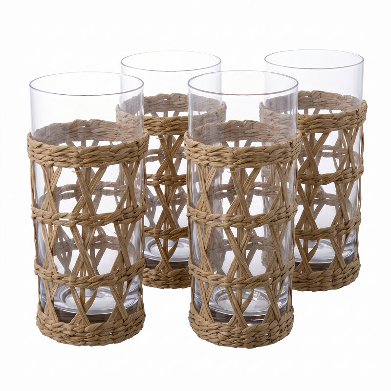 4-Piece Rattan Drinking Highball Glasses Set