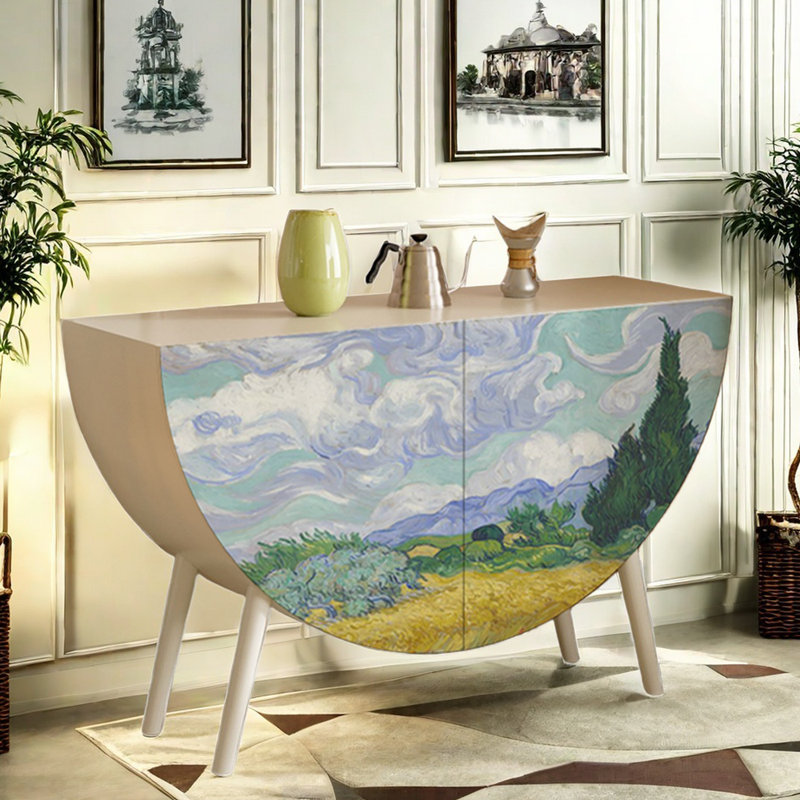 Painted Half-Moon Entryway and Sideboard Cabinet, White/Multicolor