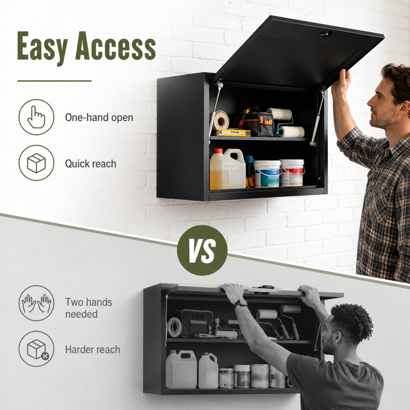 Armoire de rangement à outils murale en métal 29,6 pouces avec porte rabattable Bizoe, armoire verrouillable à vérin à gaz avec tablette réglable, acier robuste pour garage, atelier, sous-sol et cuisine, noir