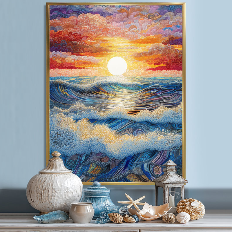 «Rainbow Ocean Sunrise II», reproductions d'art mural océan, H 32 po x l 24 po x P 1 po, Cadre flottant doré