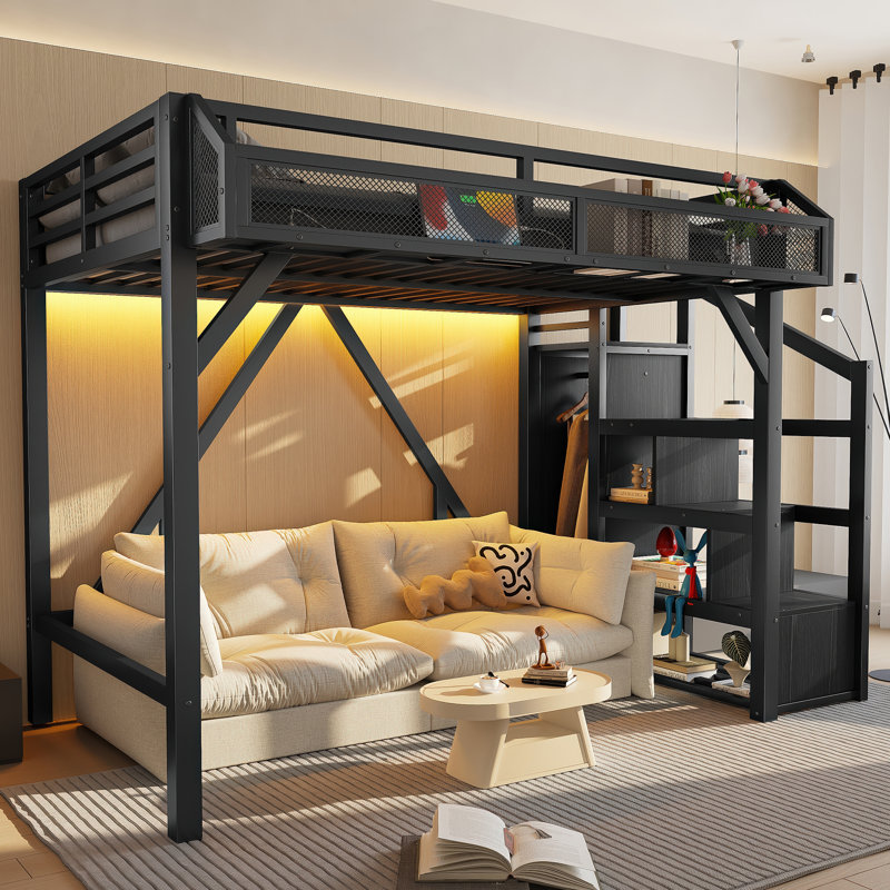 Riott Metal Loft Bed with Storage Stairs, Wardrobe, USB Ports & LED Lighting, Twin, Black