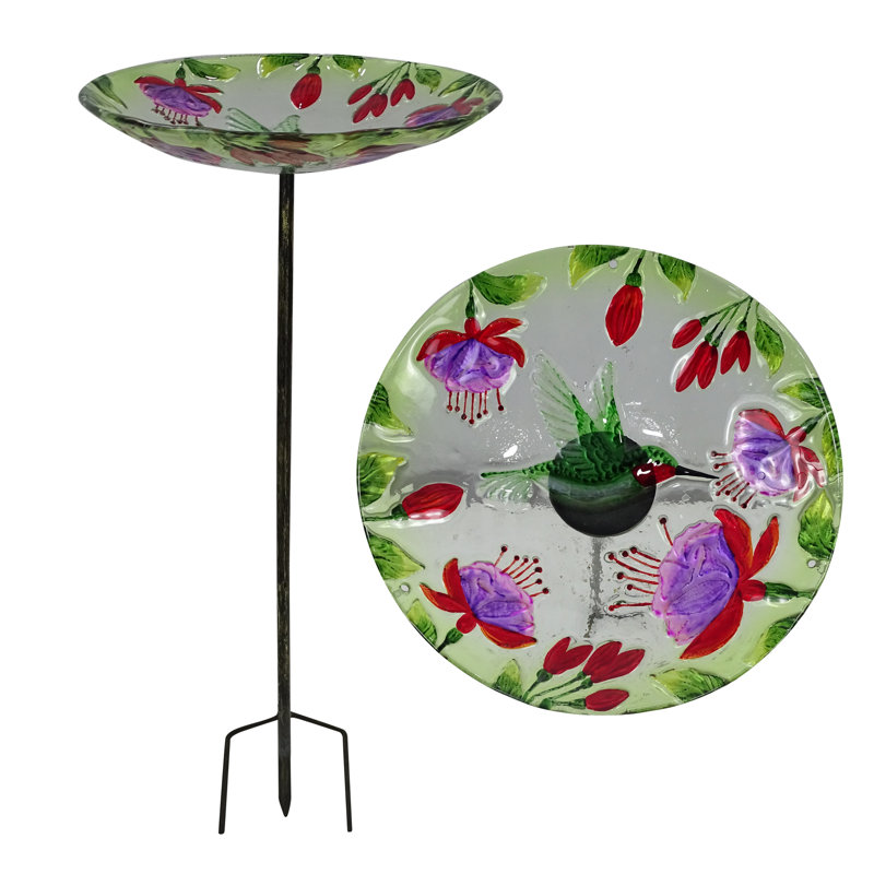 Glass Stake Bird Bath with Flowers and Hummingbird