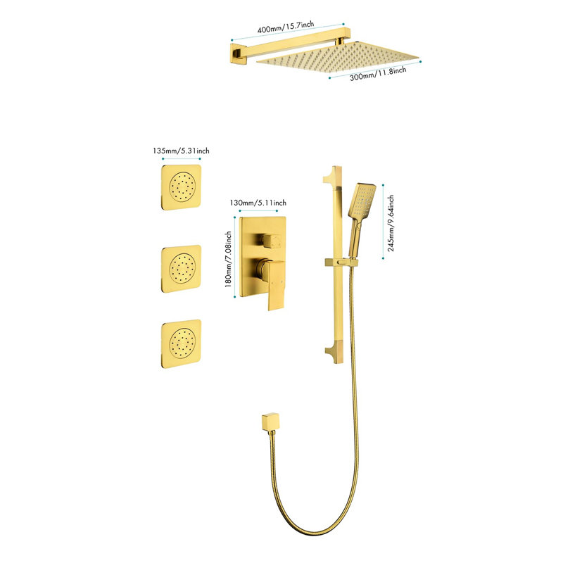 Bathroom Shower Assembly With Luxury Head, Hand Shower, And Slide Bar In Brushed Gold Modern System Rain Bodysprays