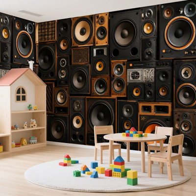 Papier peint adhésif mural de style rétro rétro avec haut-parleurs de musique autocollants amovibles en papier contact mural pour salon Chambre à coucher H 100 po x l 144 po