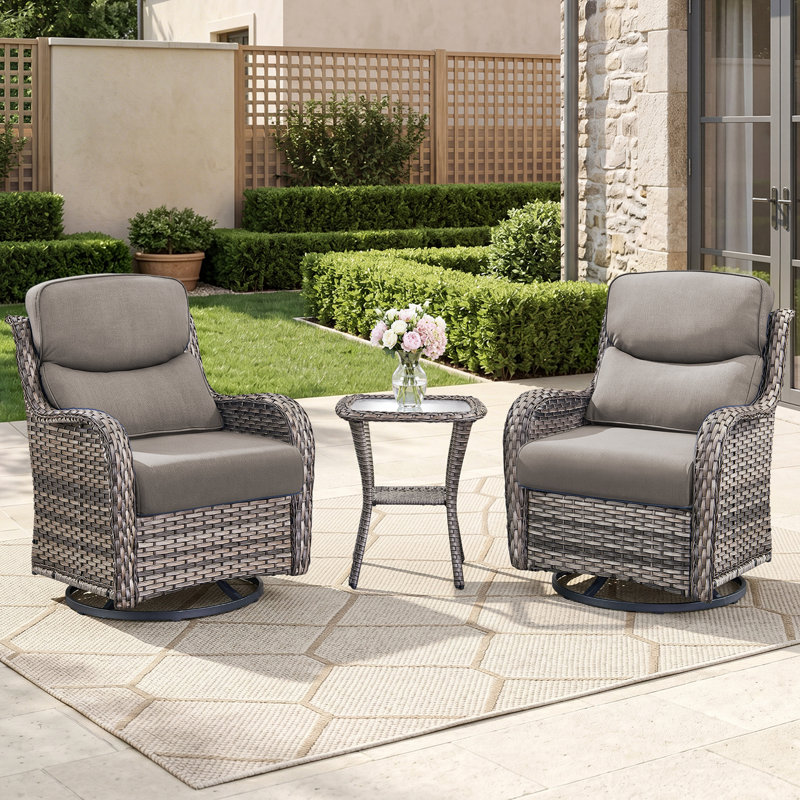 Fauteuil coulissant pivotant en osier avec coussins et table d'appoint Simle, Gris, Gris