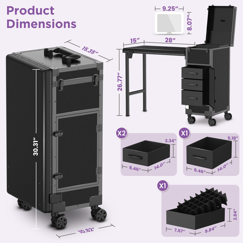 Rolling Portable Manicure Table With 3 Drawers, Mirror & Nail Polish Organizer, Lockable Makeup Train Case With Foldable Nail Desk