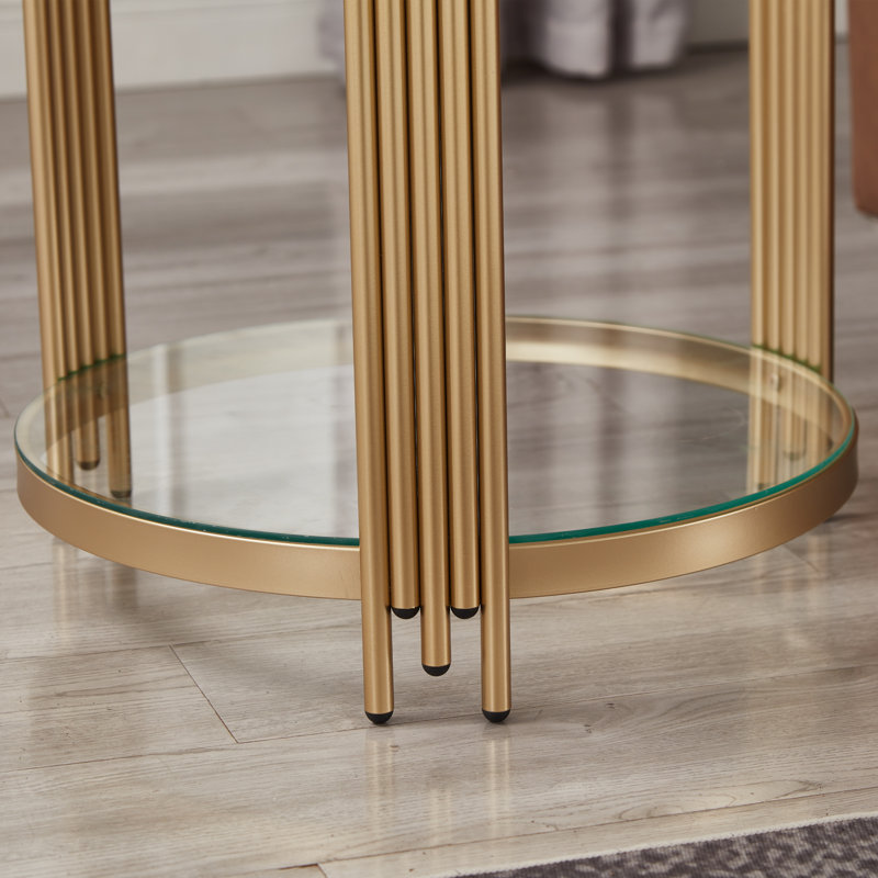 Harp-Style Legs Round Glass Side Table, 19.7" 2-Tier End Table, Tempered Glass End Table, Gold