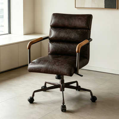Modern Top Grain Leather Executive Office Chair With Swivel Base, Adjustable Height Pneumatic Lift, Wood Accent Arms & Rolling Casters