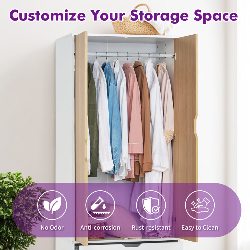 198 cm H Modern 2-Door Wardrobe with 2 Drawers and Solid Wood Legs, White & Natural Wood