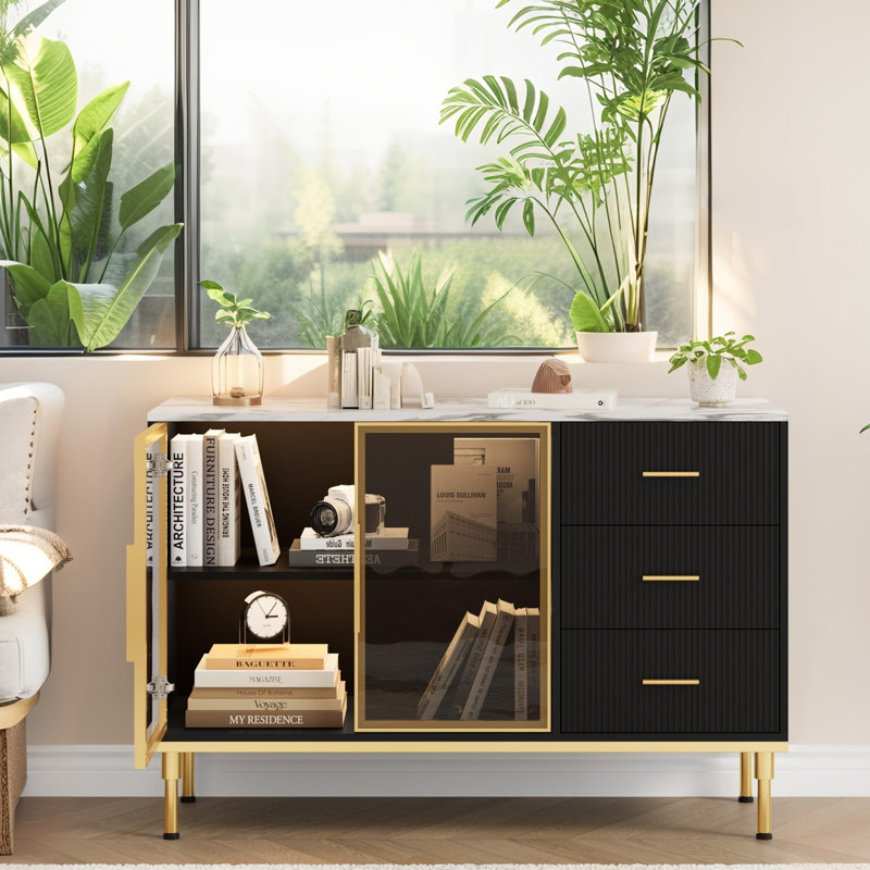  Modern Fluted Buffet Sideboard, 46.4" Faux Marble Top Cabinet, 3 Drawers, 2 Glass Doors, Kitchen Dining Room Storage, Noir