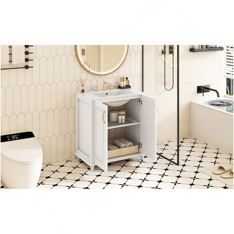 Meuble-lavabo de 30 po avec lavabo en céramique, ensemble de meuble-lavabo autoportant avec tiroir caché, armoire de rangement pour la salle de bain, armoire de salle de bain