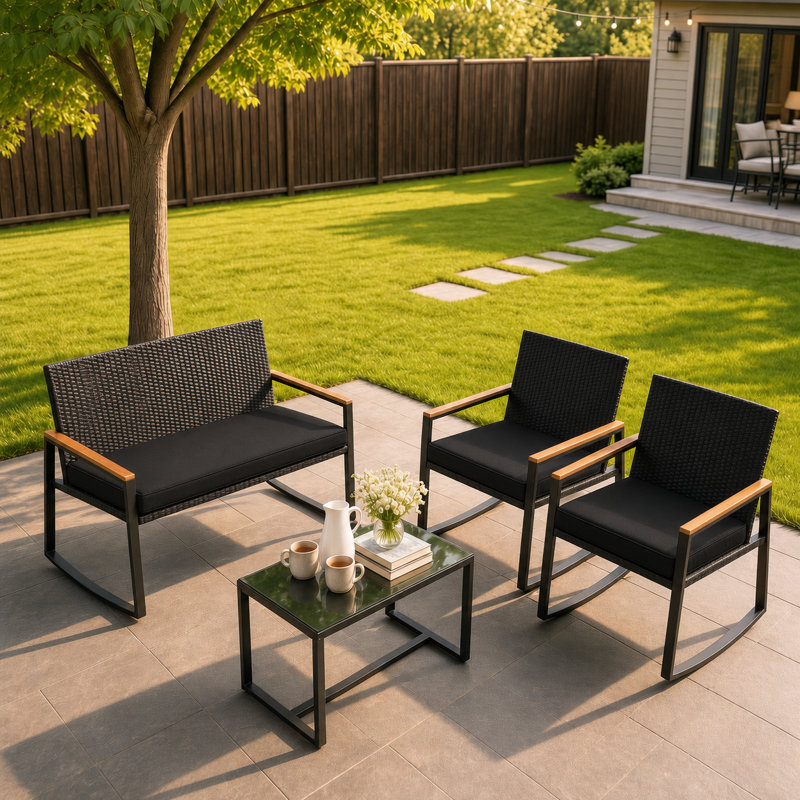 4 - Person Outdoor Seating Group with Cushions, Black, Black