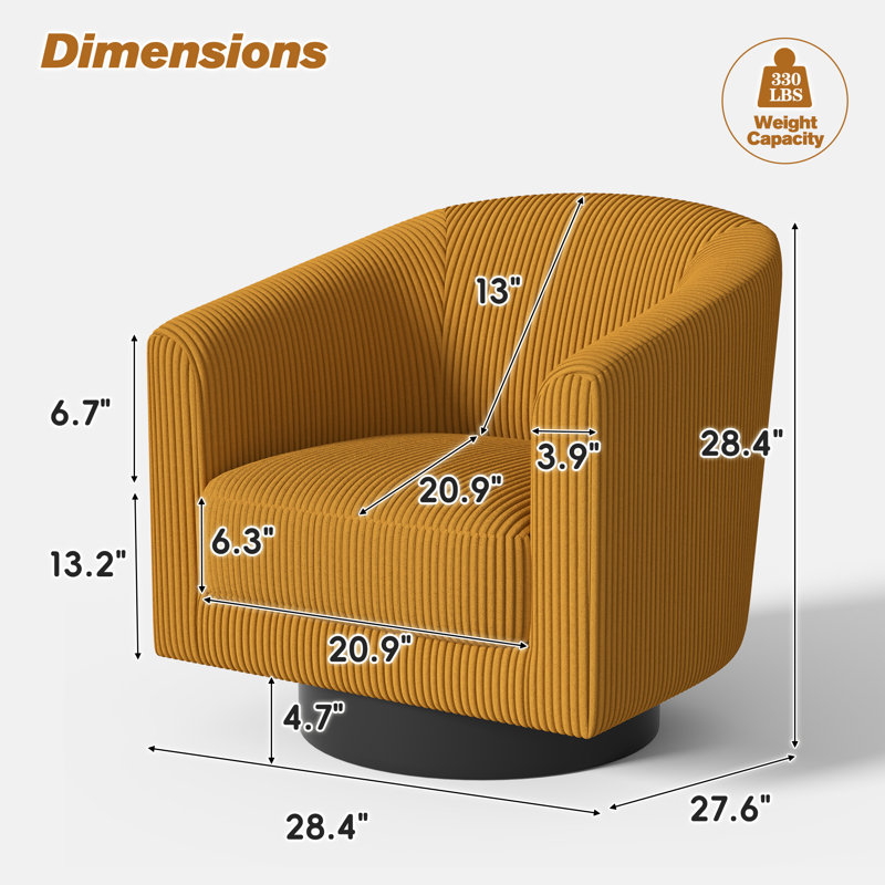 Fauteuil demi-tonneau pivotant Corduroy, Orange chaud