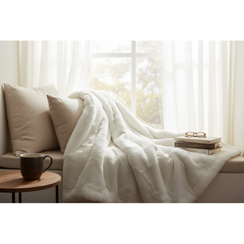 Jeté en fausse fourrure, White, 80" L x 60" W