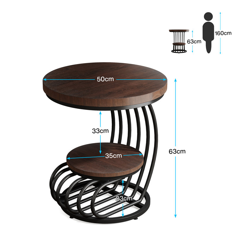 Ensemble de tables d'appoint rondes à 2 niveaux, Noir, Brun rustique