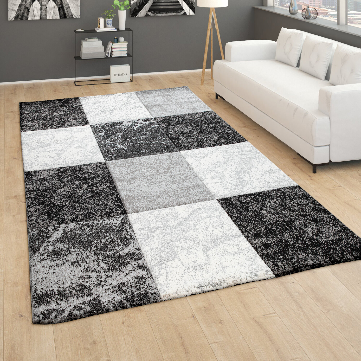 Perspections Teppich Wohnzimmer Kurzflor Kariert Design Grau Weiß Geometrisches Muster 3D