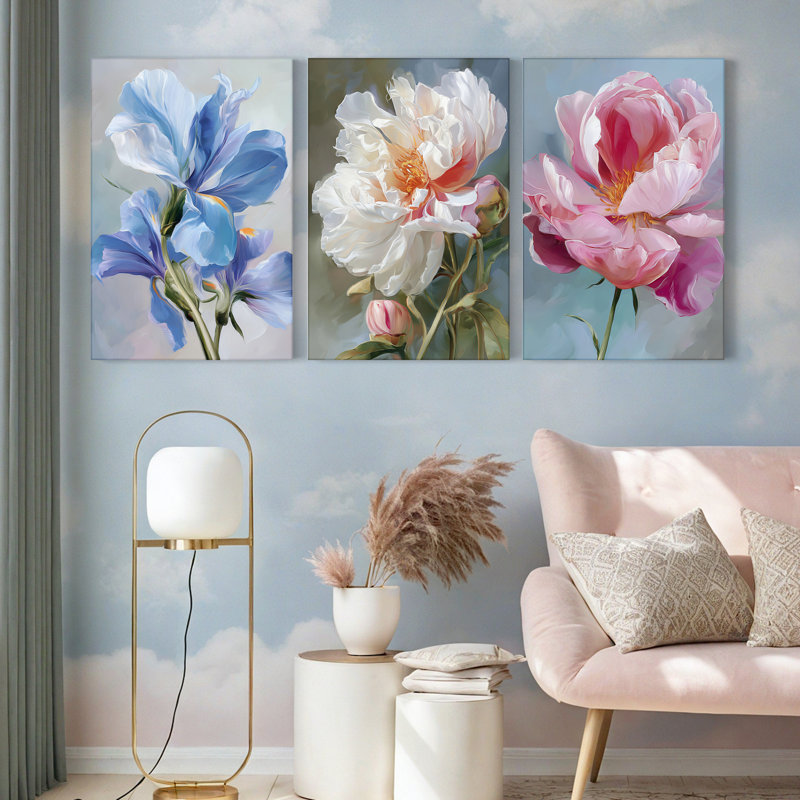 Tableau élégant à motif floral de pivoines sur toile tendue, décoration murale moderne (paquet de 3), H 18 po x l 36 po