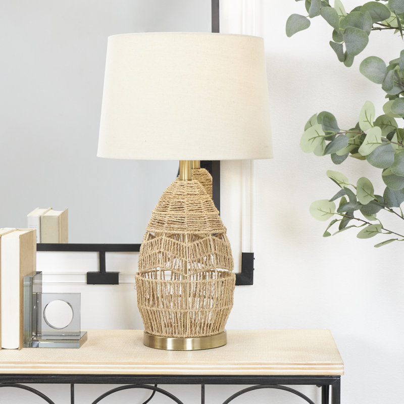 Gossard Wicker Wood Handmade Woven Brown Table Lamp with Zig Zag Pattern and Gold Base