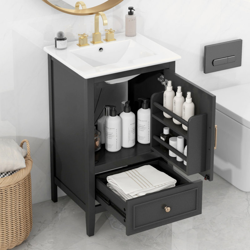 Meuble-lavabo de 20 po avec lavabo, armoire de salle de bain avec porte, tablette de porte et patins réglables, tiroir, Doré