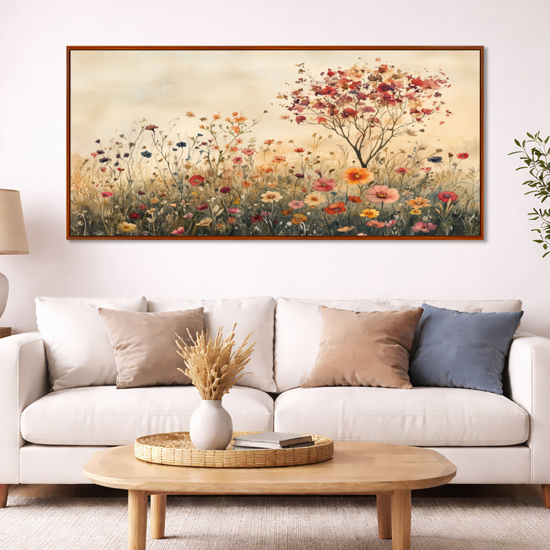 Art mural rouge, fleurs sauvages, toile d'été, H 28 po x l 60 po, Cadre flottant brun