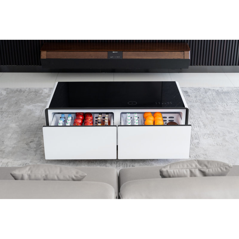 Table basse moderne et intelligente avec réfrigérateur intégré, haut-parleurs Bluetooth, chargement sans fil, prise de courant, ports USB, lumière RVB